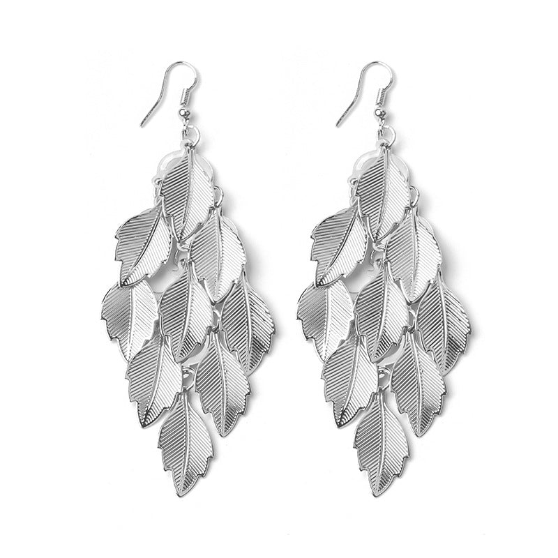 European And American Long Hollow Leaf Heart Frosted Disc Tassel Earrings