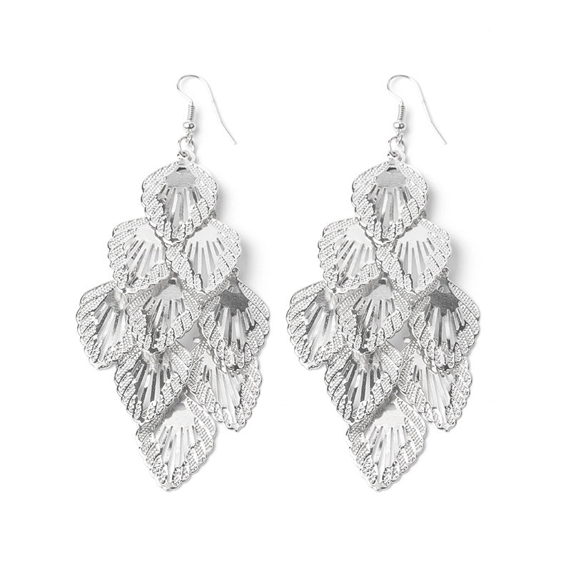 European And American Long Hollow Leaf Heart Frosted Disc Tassel Earrings