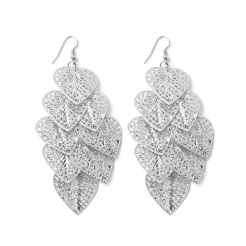 European And American Long Hollow Leaf Heart Frosted Disc Tassel Earrings