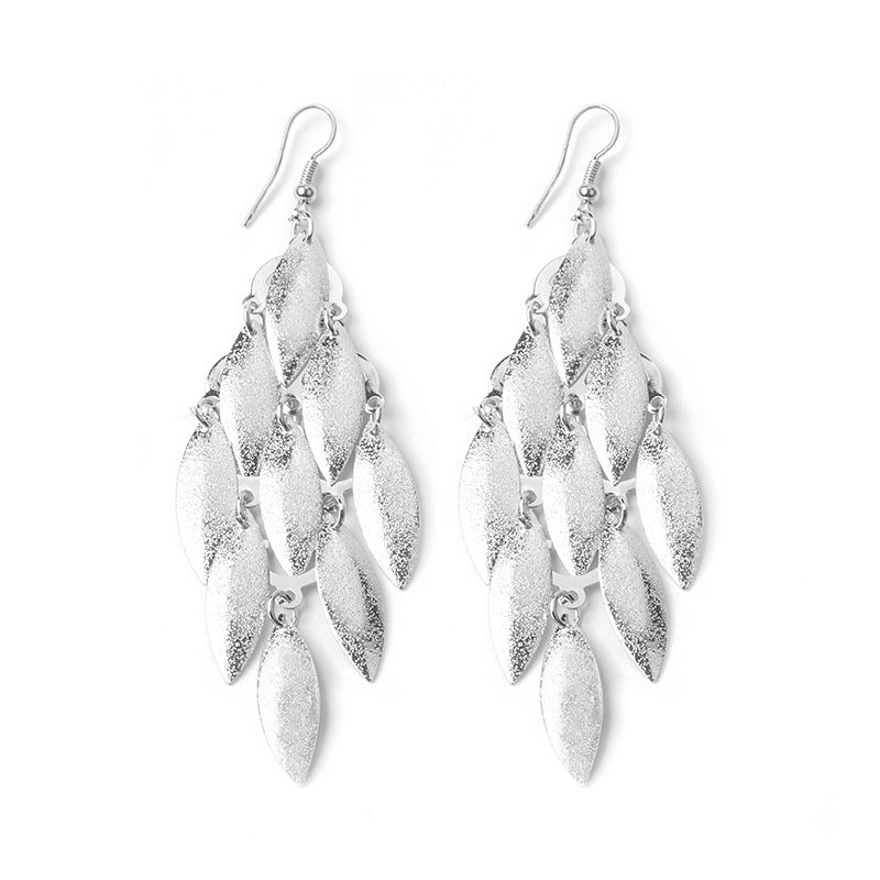 European And American Long Hollow Leaf Heart Frosted Disc Tassel Earrings