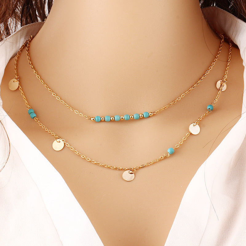 European And American Turquoise Clavicle Chain Double Alloy Necklace