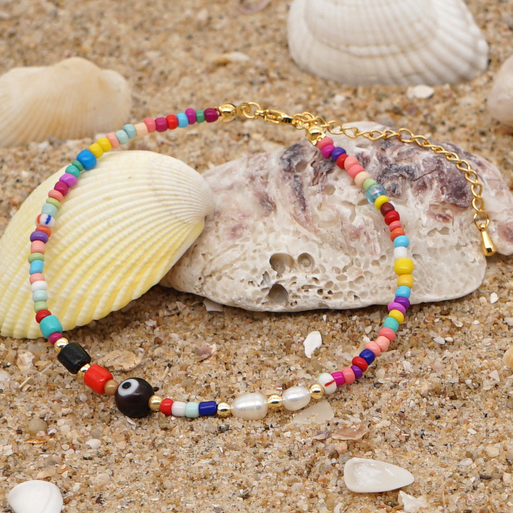 Ethnic Style Rainbow Glass Bead Freshwater Pearl Anklet