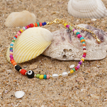 Ethnic Style Rainbow Glass Bead Freshwater Pearl Anklet