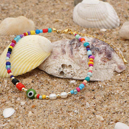 Ethnic Style Rainbow Glass Bead Freshwater Pearl Anklet