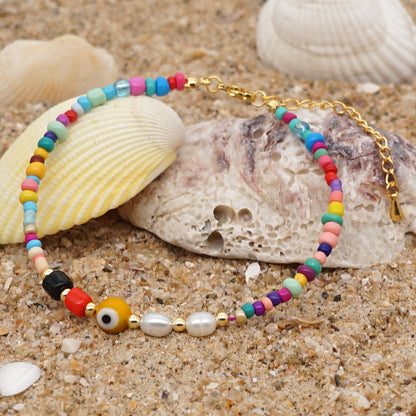 Ethnic Style Rainbow Glass Bead Freshwater Pearl Anklet