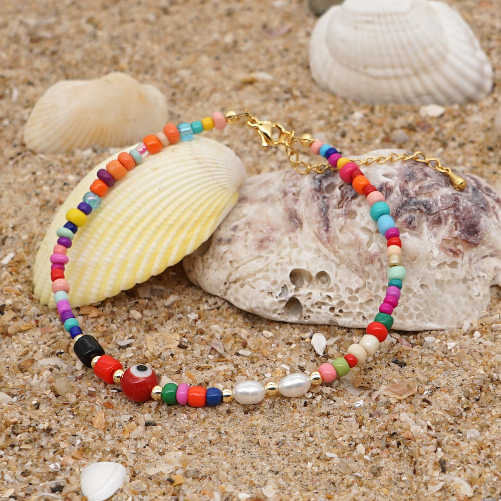 Ethnic Style Rainbow Glass Bead Freshwater Pearl Anklet