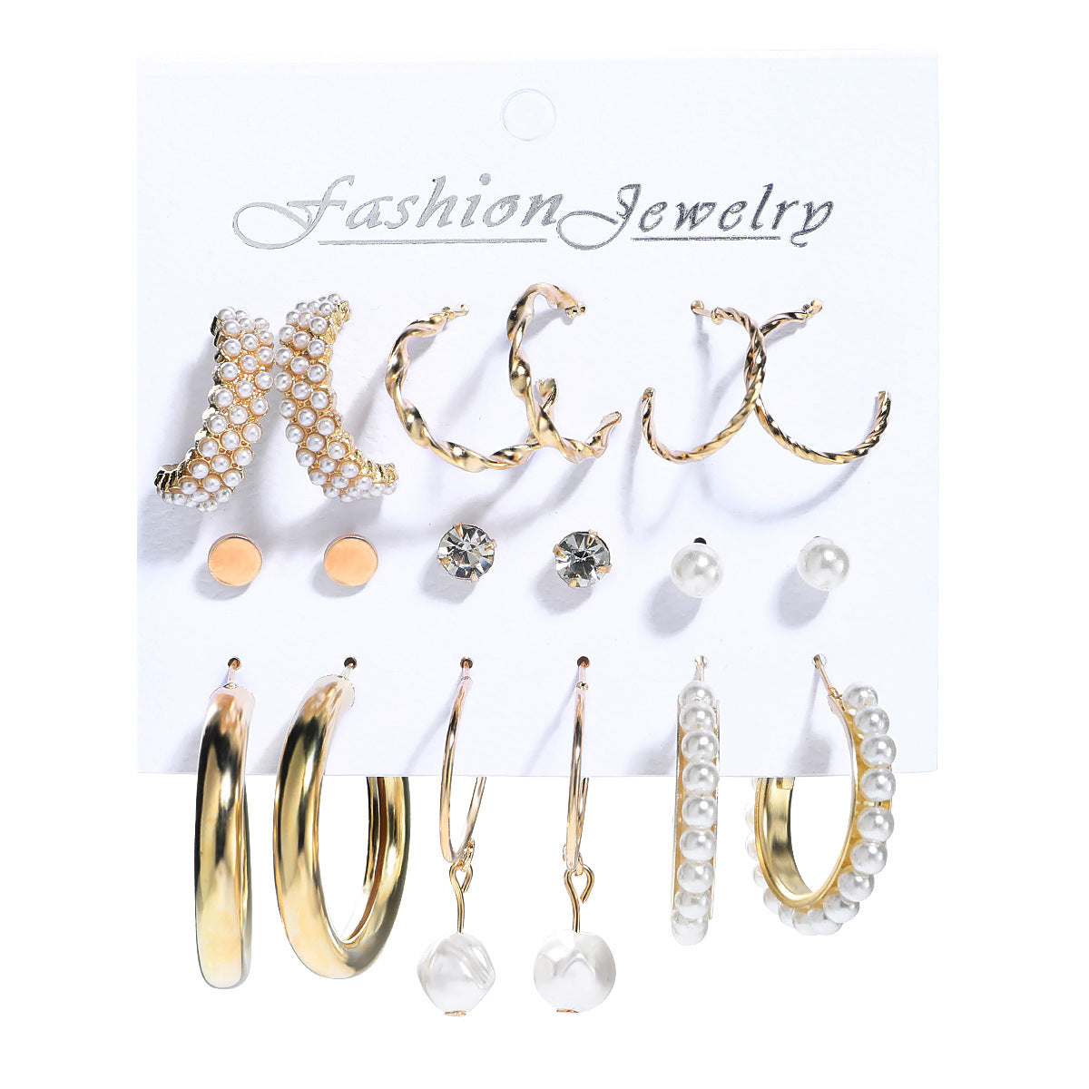 Fashion C-shaped Alloy Diamond Pearl Earrings Set Wholesale