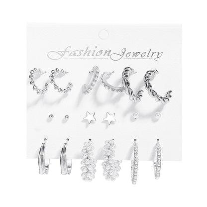 Fashion C-shaped Alloy Diamond Pearl Earrings Set Wholesale