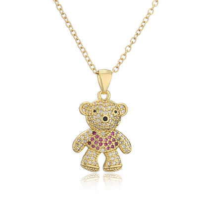 New Copper Micro-inlaid Zircon Cute Bear Pendant Golden Necklace Wholesale