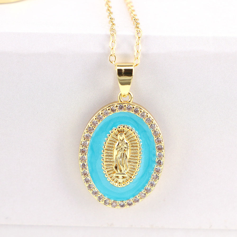 New Fashion Virgin Mary Copper Drop Oil Inlaid Zircon Pendant Necklace