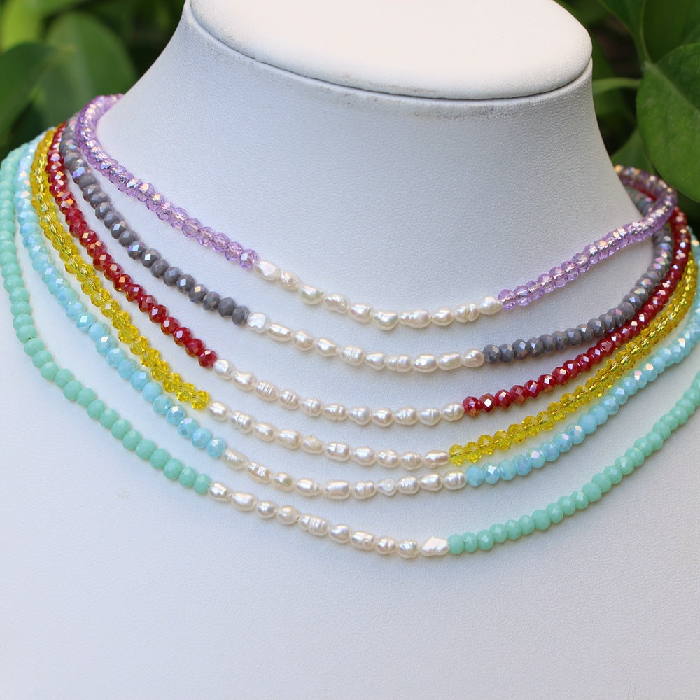 Splicing Crystal Beaded Pearl Necklace Clavicle Chain