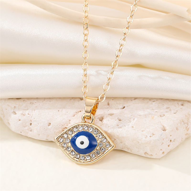 Retro Full Diamond Eye Necklace Simple Blue Devil's Eye Pendant Clavicle Chain