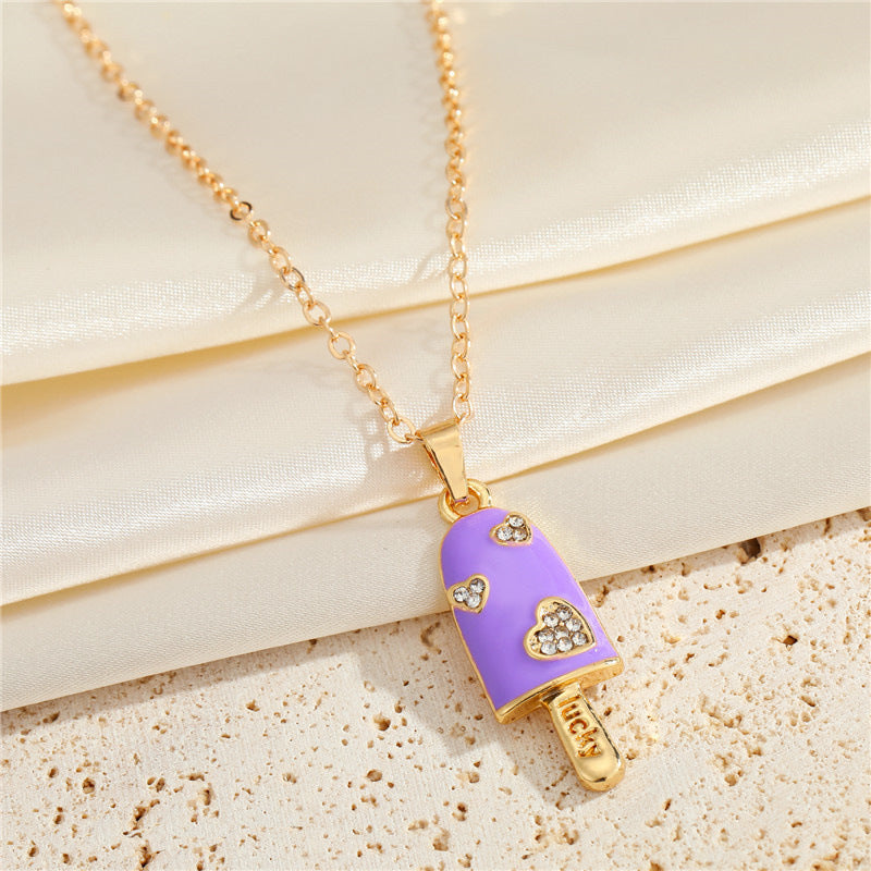 Korean Rhinestone Heart Ice Cream Necklace Cute Dripping Oil Pendant Necklace