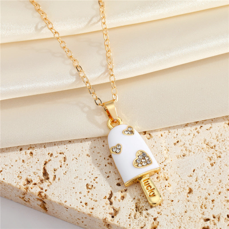 Korean Rhinestone Heart Ice Cream Necklace Cute Dripping Oil Pendant Necklace