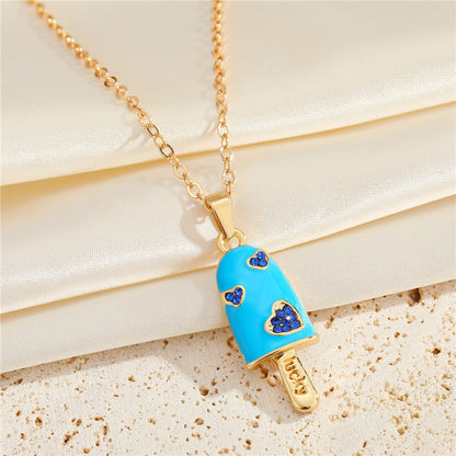 Korean Rhinestone Heart Ice Cream Necklace Cute Dripping Oil Pendant Necklace