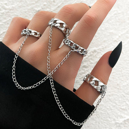 European And American Personalized New Fashion Creative Ring Chain Pendant Vintage Punk Style Men'S And Women'S Ring Two-Piece Set