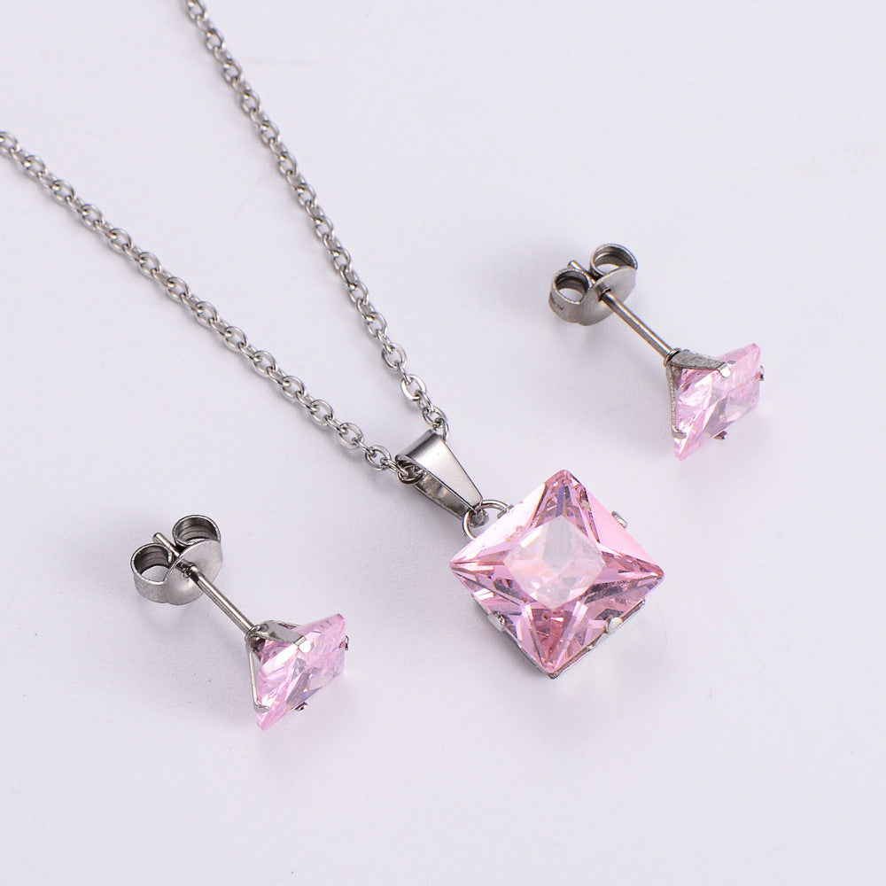 Fashion Colorful Zircon Square Pendant Earrings Necklace Set