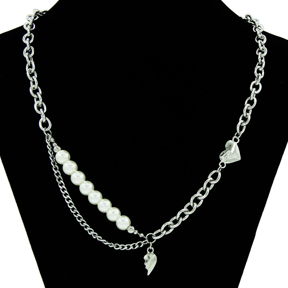 European And American New Wings Heart Pearl Stitching Titanium Steel Chain Necklace