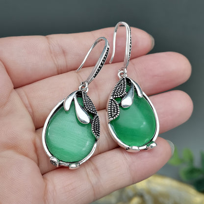 Retro Creative Emerald Green Cat Eye Natural Stone Earring Ear Hook Female