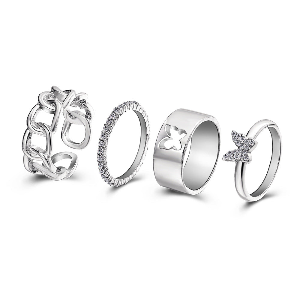 Retro Hollow Butterfly Creative Simple Alloy Chain Opening Ring Set 4 Pieces
