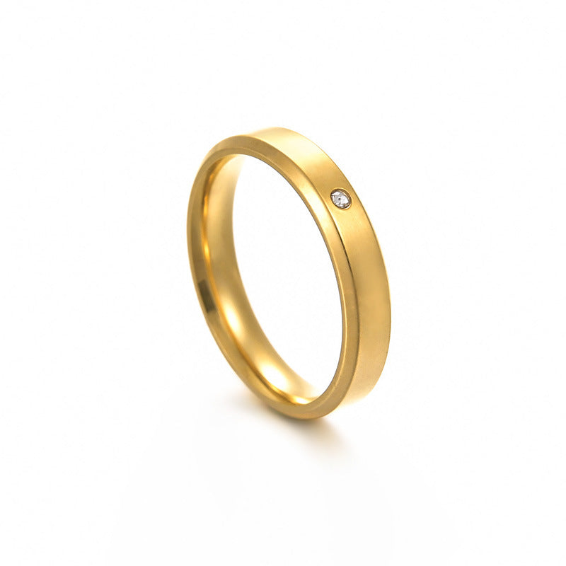 New Simple Double Beveled Edge Gold-plated Stainless Steel Inlaid Zircon Couple Ring