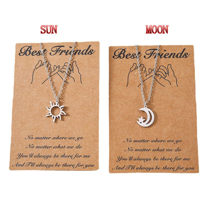 New Sun Moon Good Friend Card Creative Stainless Steel Sun Moon Clavicle Chain 2 Piece Set