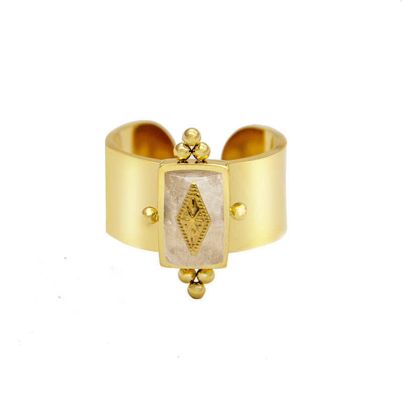 Retro Star Fashion Golden Natural Stone Geometric Titanium Steel Ring