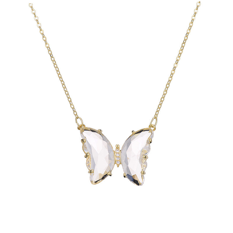 Fashion Simple Geometric Translucent Crystal Glass Butterfly Necklace