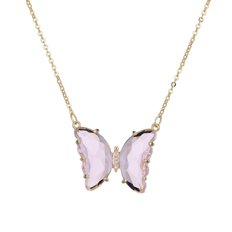 Fashion Simple Geometric Translucent Crystal Glass Butterfly Necklace