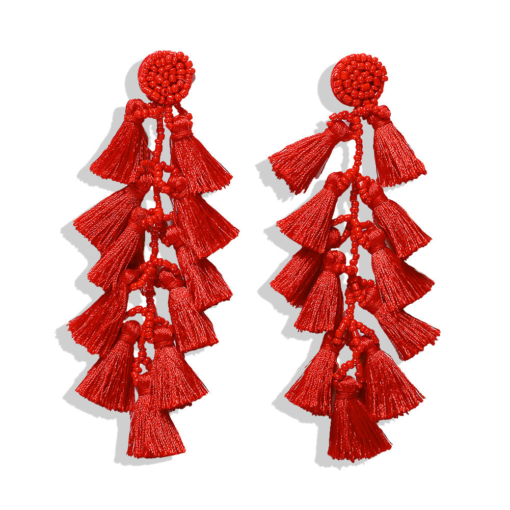 Chinese New Year Fabric Flower Festive Ethnic Tassel Earrings