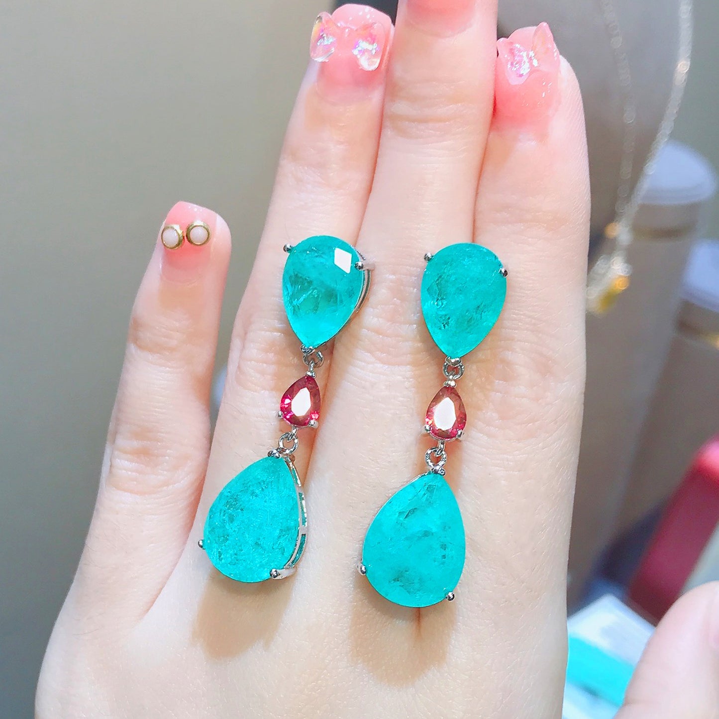 Simple Blue Water Drop Simulation Emerald Copper Earrings Wholesale