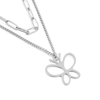 Simple Design Double Layer Butterfly Pendant Titanium Steel Necklace