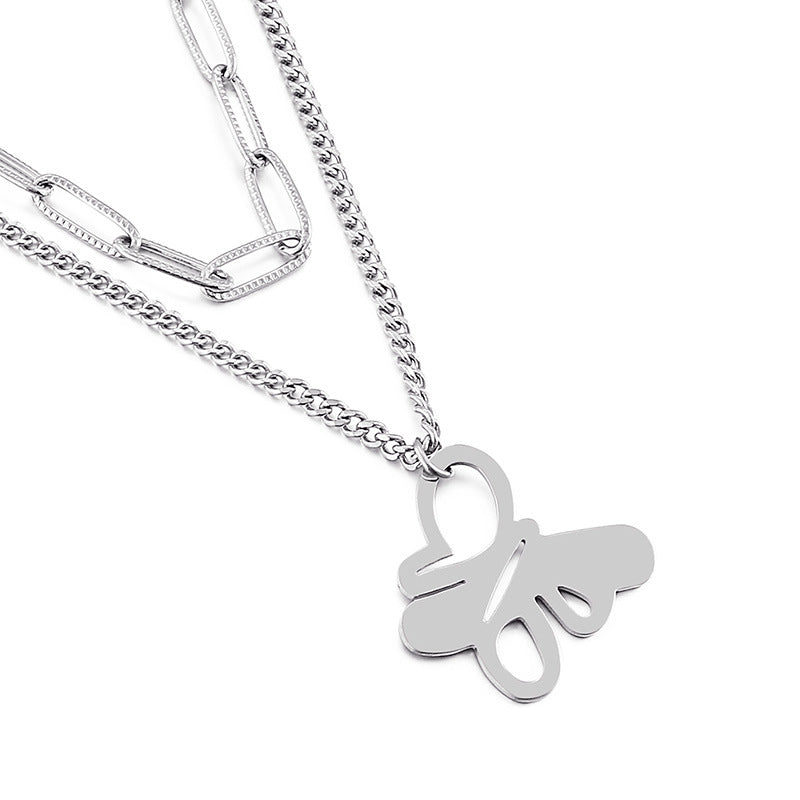 Simple Design Double Layer Butterfly Pendant Titanium Steel Necklace