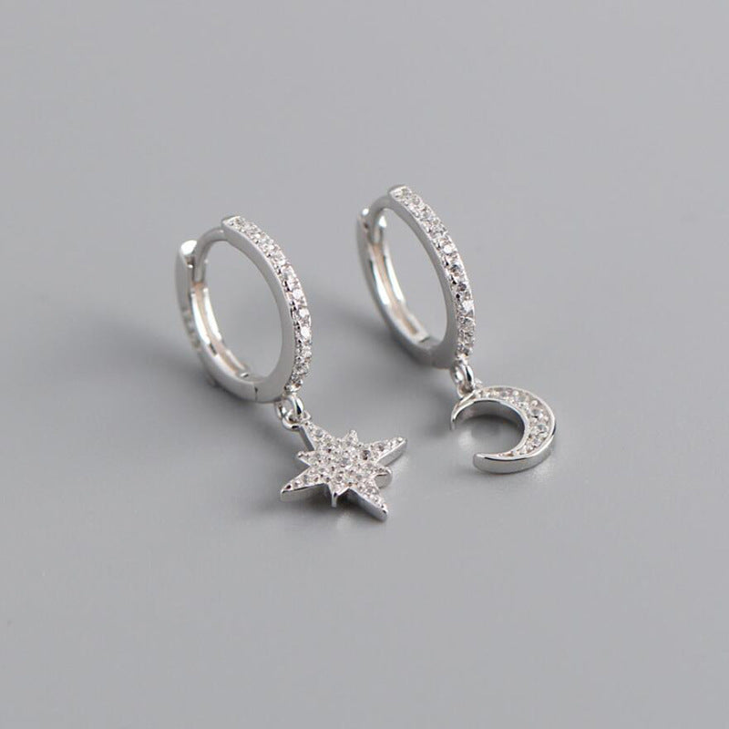 Fashion Copper S925 Silver Needle Zircon Star Moon Ear Asymmetric Hoop Earrings