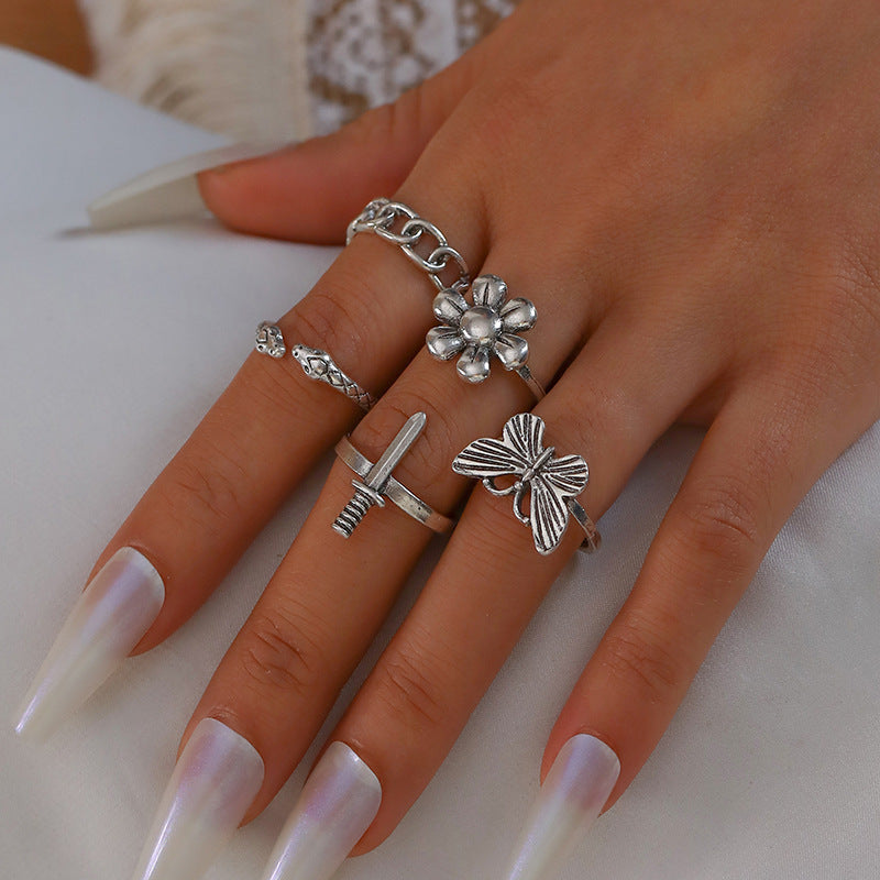 New Retro Sword Flower Ring 5-piece Set Butterfly Chain Joint Ring Wholesale