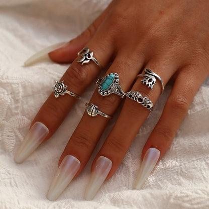 Retro Crown Snake Turquoise Turtle Elephant Geometric Ring 6-piece Set