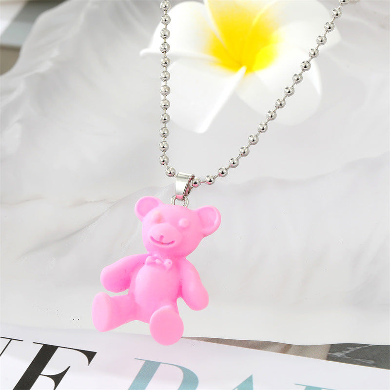 Simple Candy-colored Resin Bear Color Animal Pendant Necklace