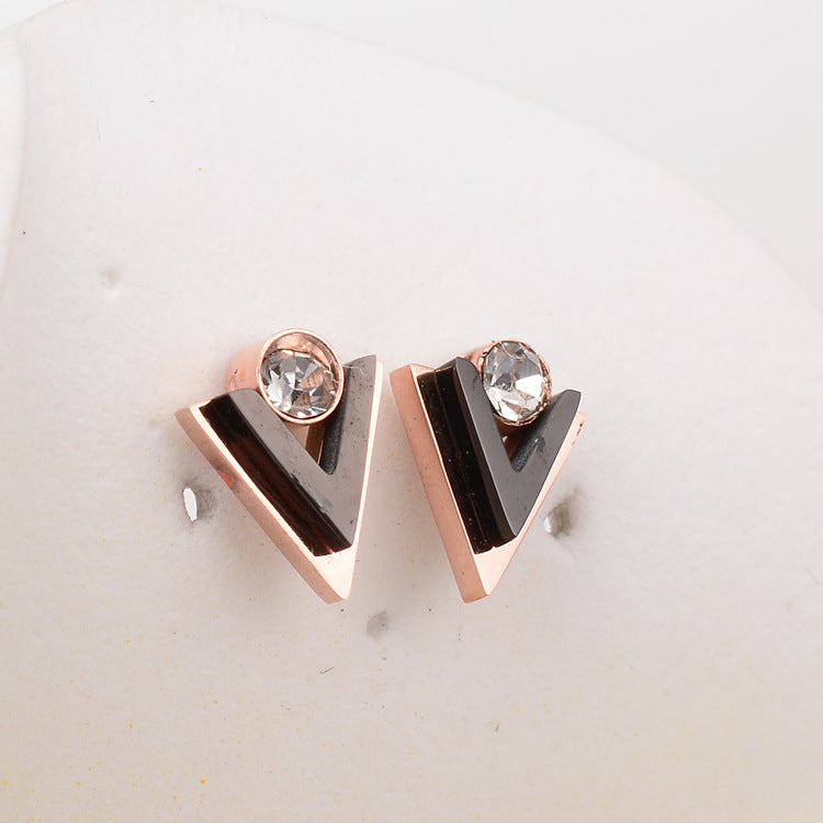 Fashion Geometric Zircon Black Triangle Rose Gold Titanium Steel Earrings Wholesale