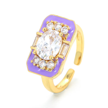 Korean Style Square Color Oil Drop Copper Ring Geometric Micro-set Zircon Opening Adjustable Ring