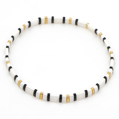 Egyptian Retro Style Glass Tila Beads Hand-beaded Black And White Stacked Bracelet