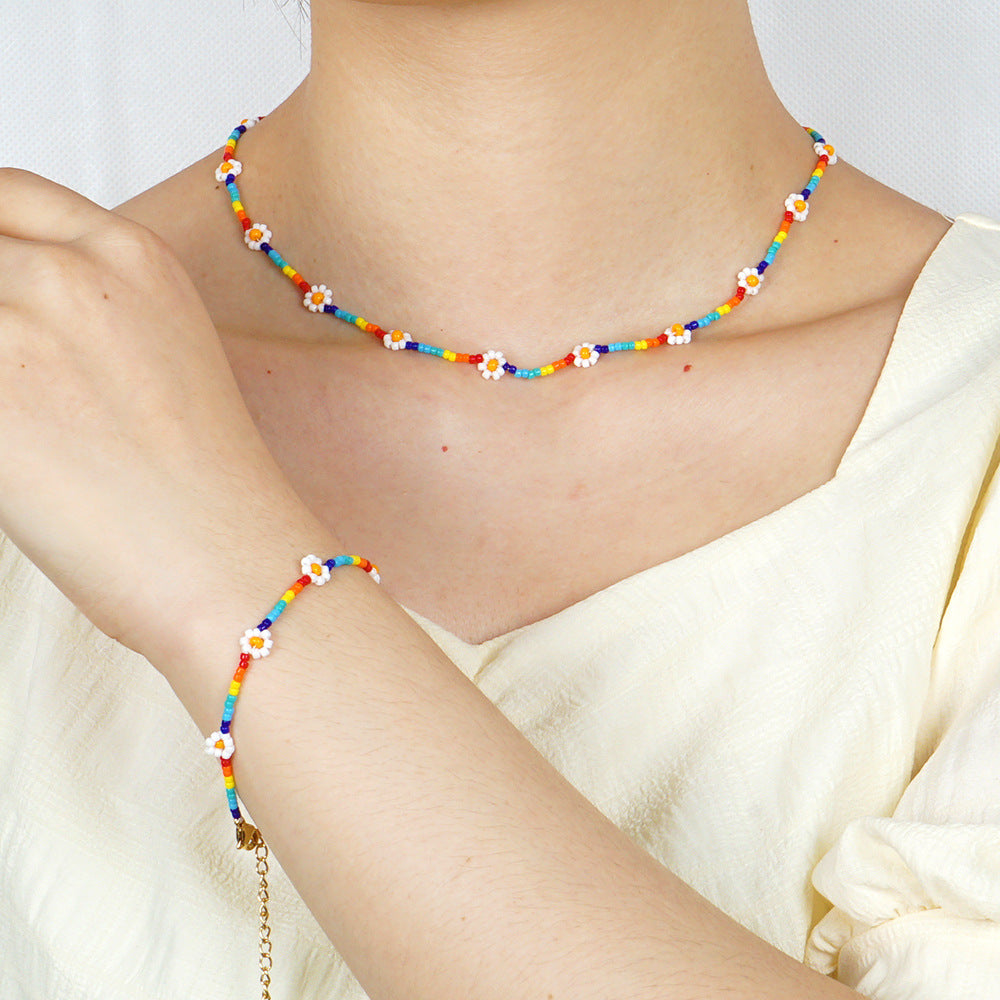 Fashion Miyuki Beads Rainbow Daisy Bracelet Necklace Jewelry Set