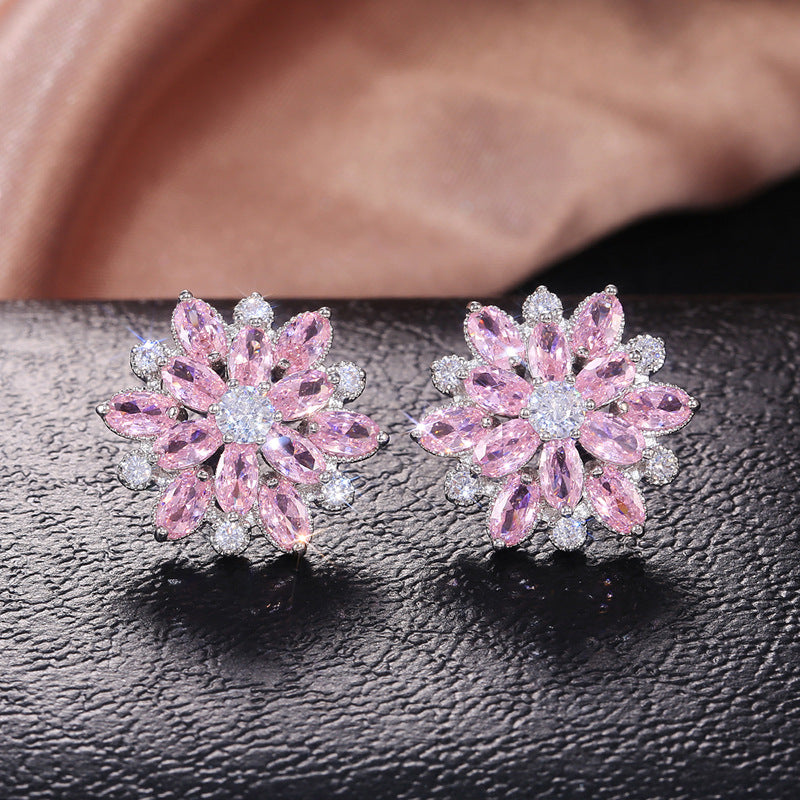 Fashion Sunflower Double Zircon Earrings Copper Earrings Accessories