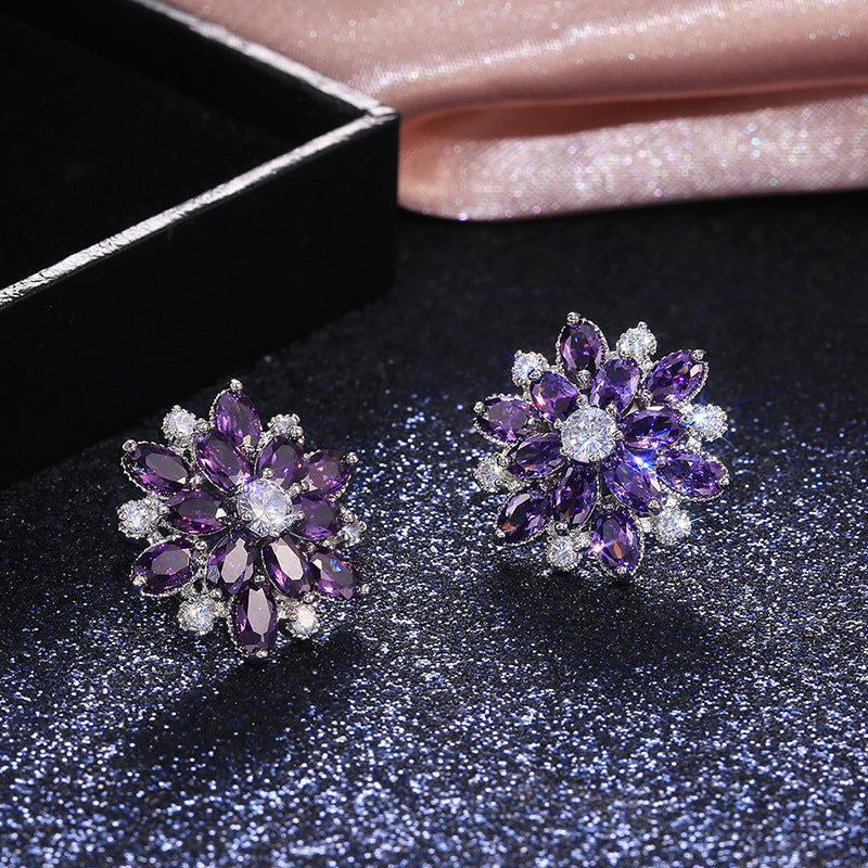 Fashion Sunflower Double Zircon Earrings Copper Earrings Accessories