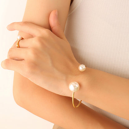 Korean Style Imitation Pearl Opening Bracelet Titanium Steel Plated 18k Gold Jewelry Wholesale