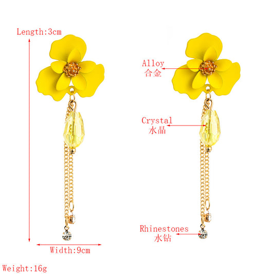 Korean Summer New Fashion Flower Crystal Long Tassel Alloy Diamond Earrings