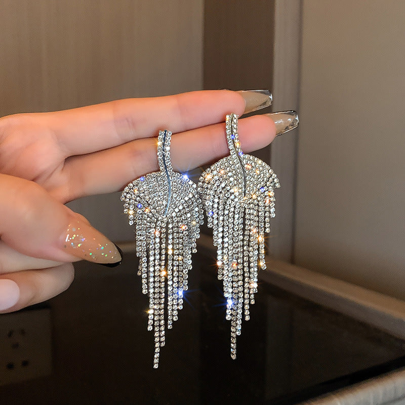 Fashion Inlaid Rhinestone Leaf Tassel Copper Earrings Wholesale