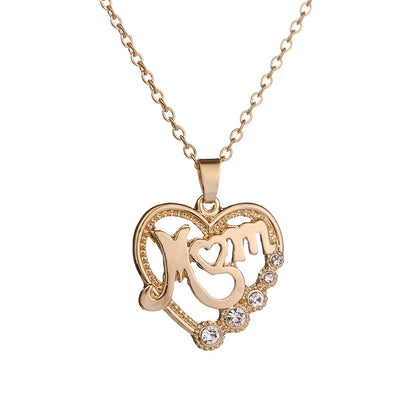 Fashion Mother's Day Mom Letter Pendant Alloy Heart Hollow Diamond Necklace