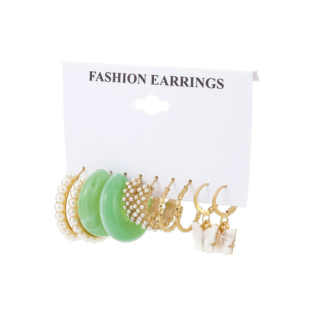 New Butterfly Pearl Earrings Set Female Exaggerated Metal Geometric Earrings