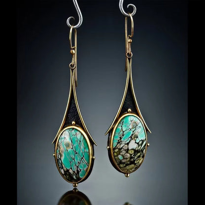 Retro Gold Marble Drop-Shaped Flower Colored Turquoise Earrings