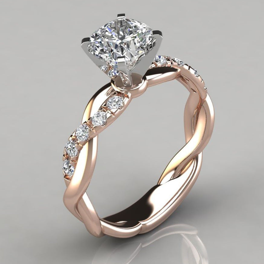 Fashion Rose Gold Inlaid Princess Diamond Ladies Copper Ring Jewelry